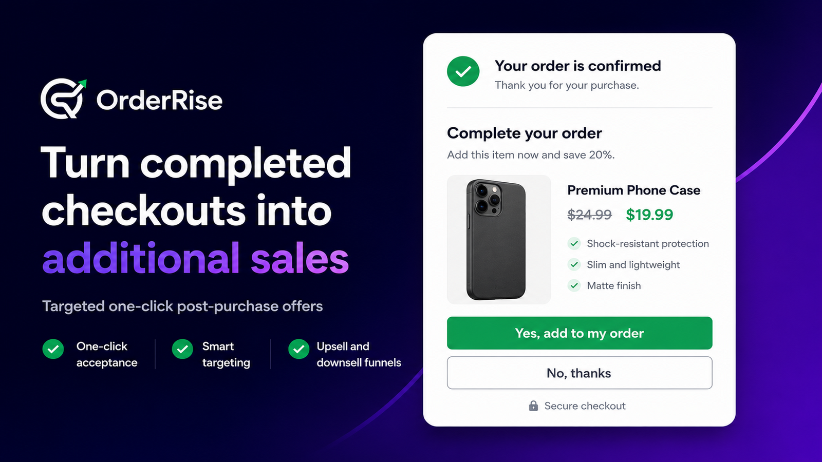 OrderRise one-click post-purchase offer for a phone case