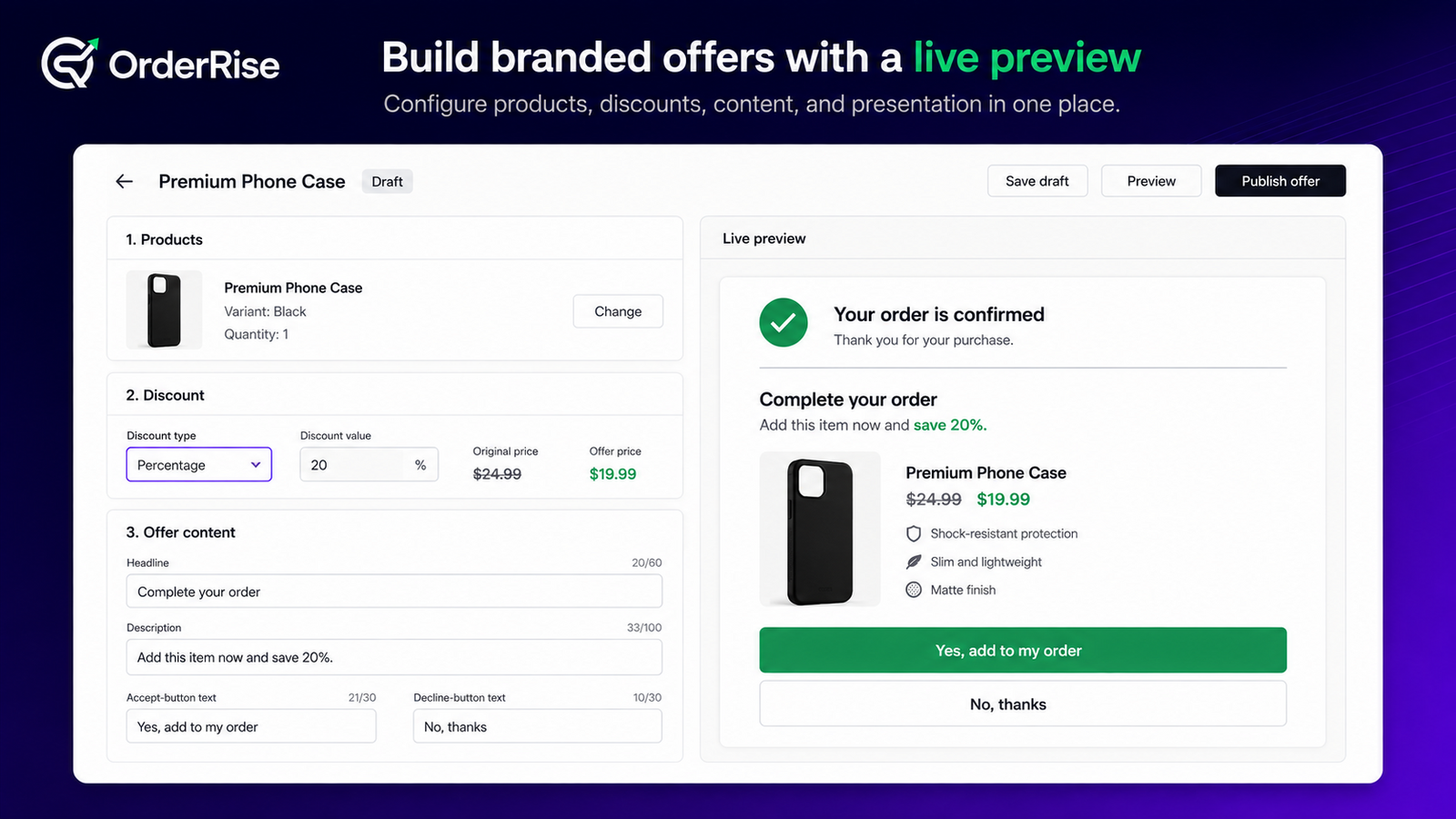 OrderRise offer builder with product discount and live preview