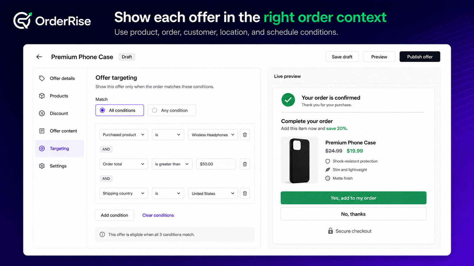 OrderRise targeting rules for product order and country context